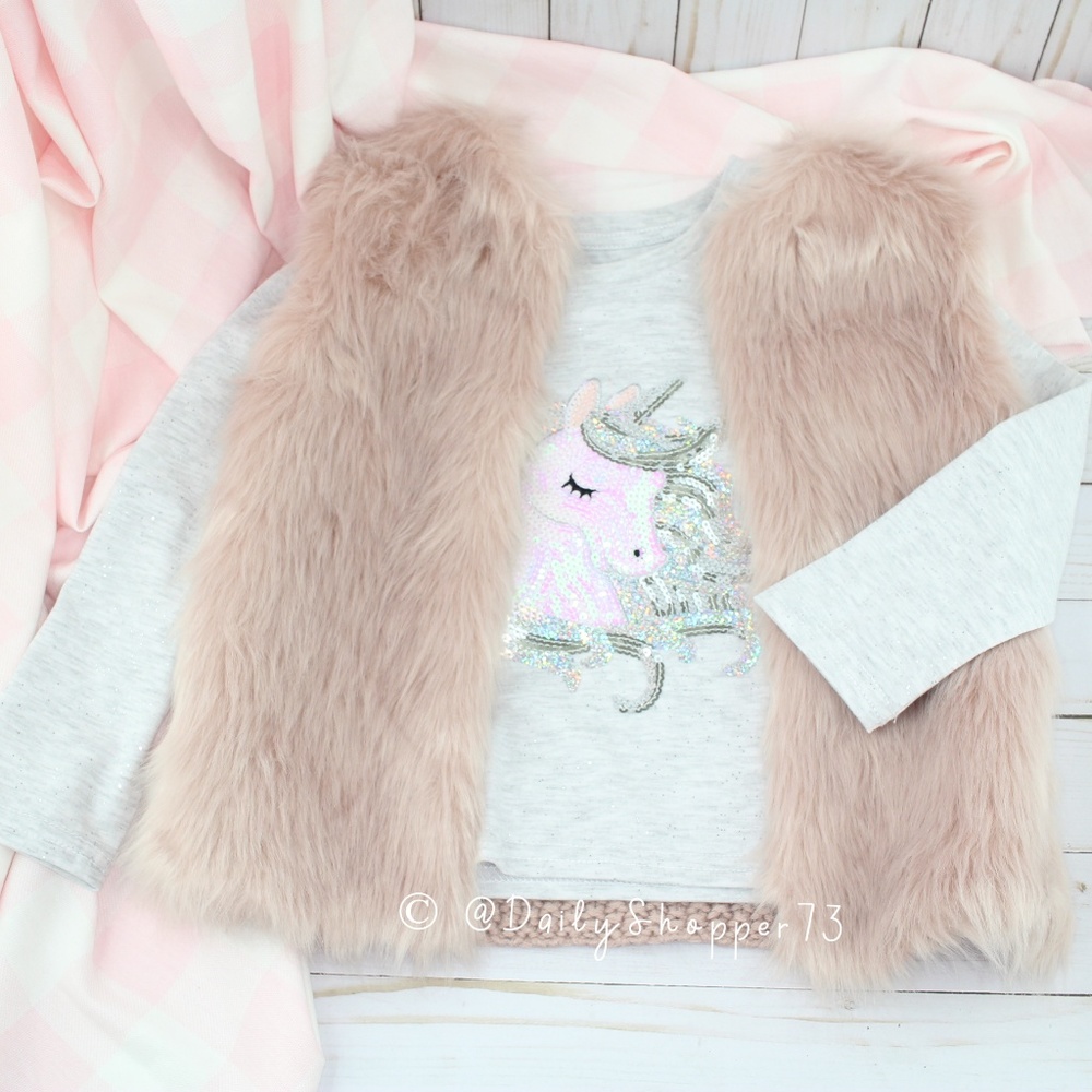 Primark Girls' Sparkly Sequin Unicorn Shirt & Rose Pink Chunky Knit Fur Vest
